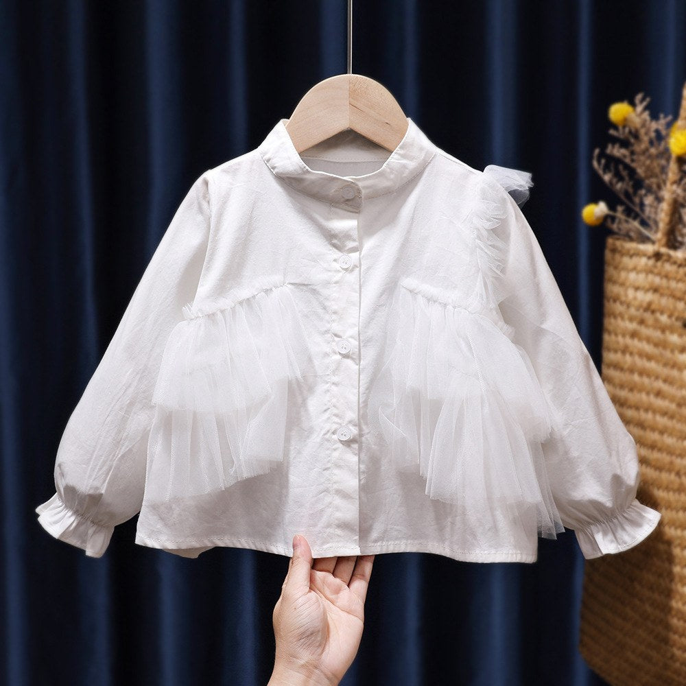 Baby Girl Solid Color Mesh Patched Design Puff Sleeves Fashion Shirt Doll Blouses