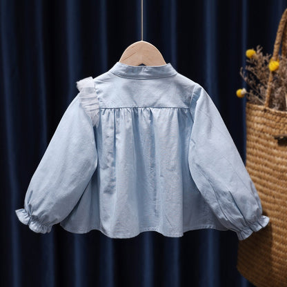 Baby Girl Solid Color Mesh Patched Design Puff Sleeves Fashion Shirt Doll Blouses