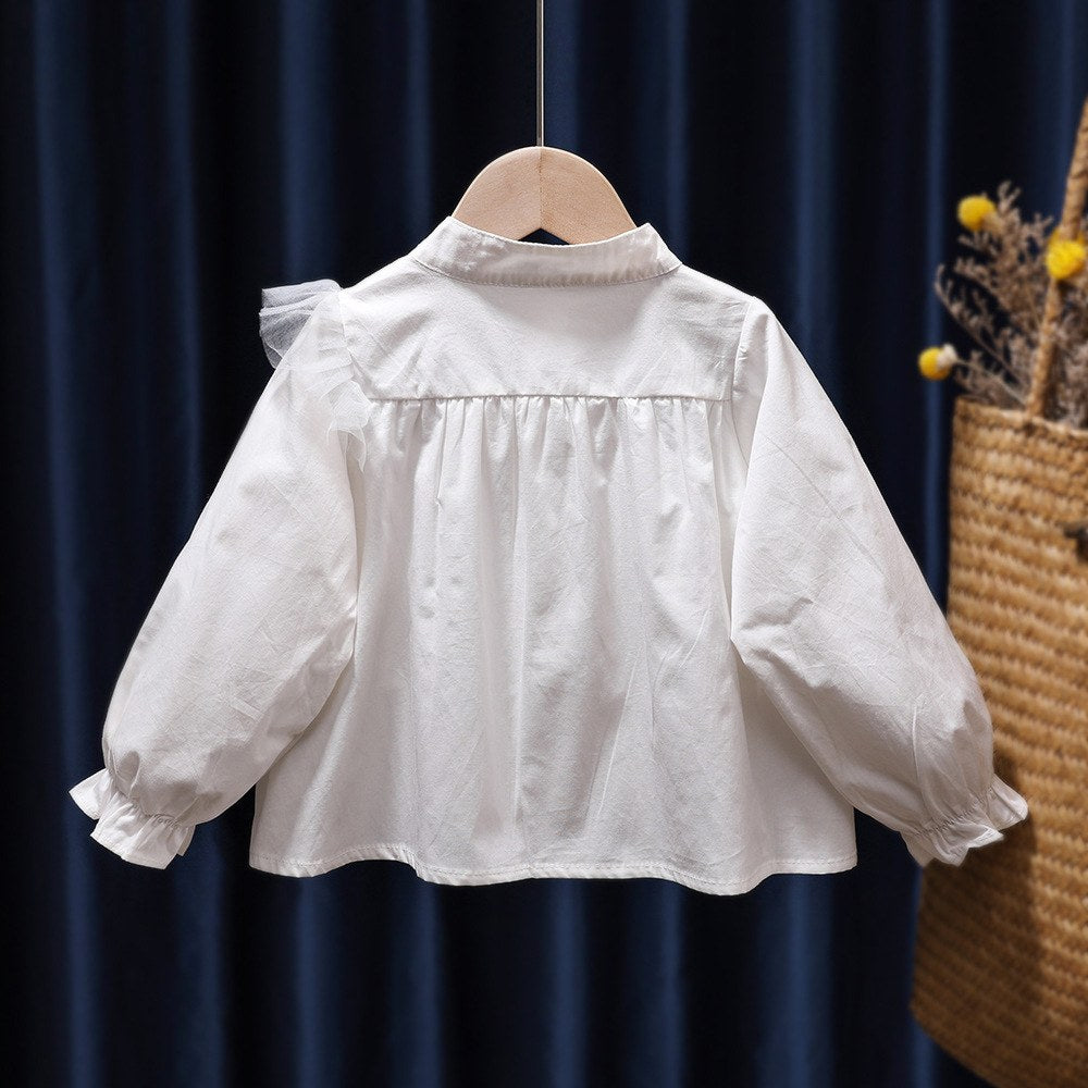 Baby Girl Solid Color Mesh Patched Design Puff Sleeves Fashion Shirt Doll Blouses