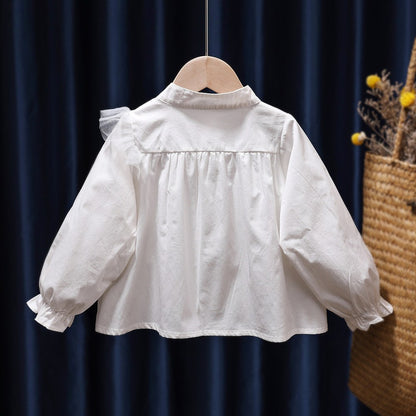 Baby Girl Solid Color Mesh Patched Design Puff Sleeves Fashion Shirt Doll Blouses