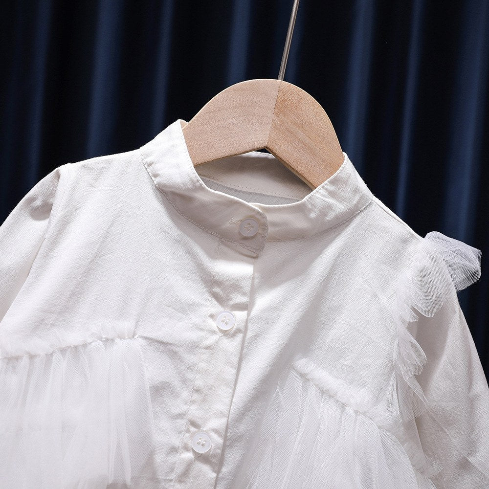 Baby Girl Solid Color Mesh Patched Design Puff Sleeves Fashion Shirt Doll Blouses