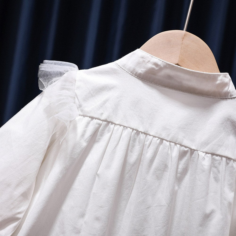 Baby Girl Solid Color Mesh Patched Design Puff Sleeves Fashion Shirt Doll Blouses