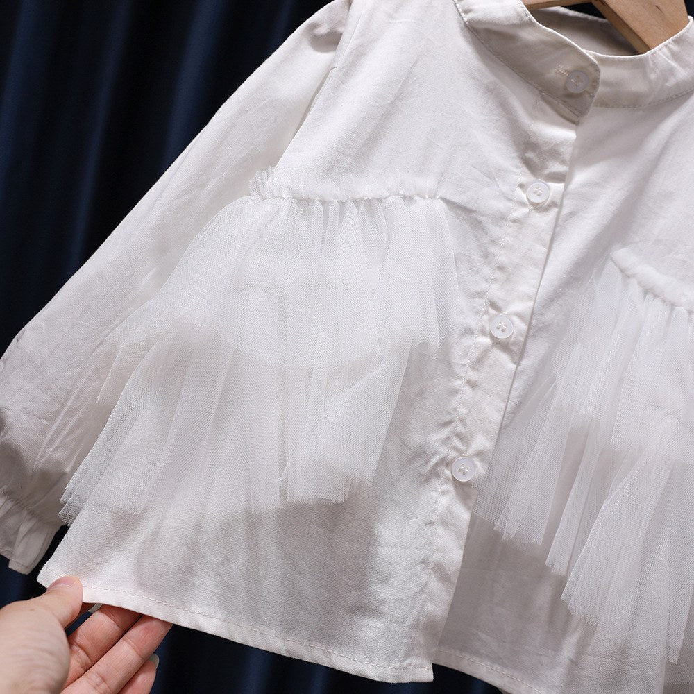 Baby Girl Solid Color Mesh Patched Design Puff Sleeves Fashion Shirt Doll Blouses