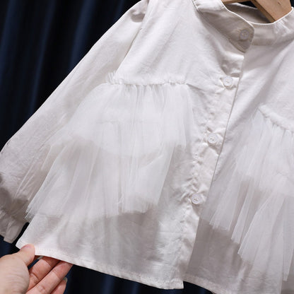 Baby Girl Solid Color Mesh Patched Design Puff Sleeves Fashion Shirt Doll Blouses