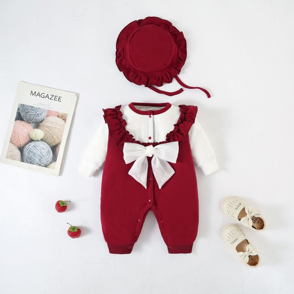 Baby Girl 3pcs Big Bow Patched Pattern Long Sleeve Romper