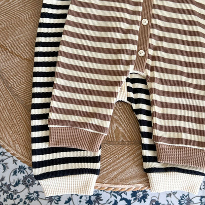 Baby Striped Pattern Single Breasted Design Knit Jumpsuit