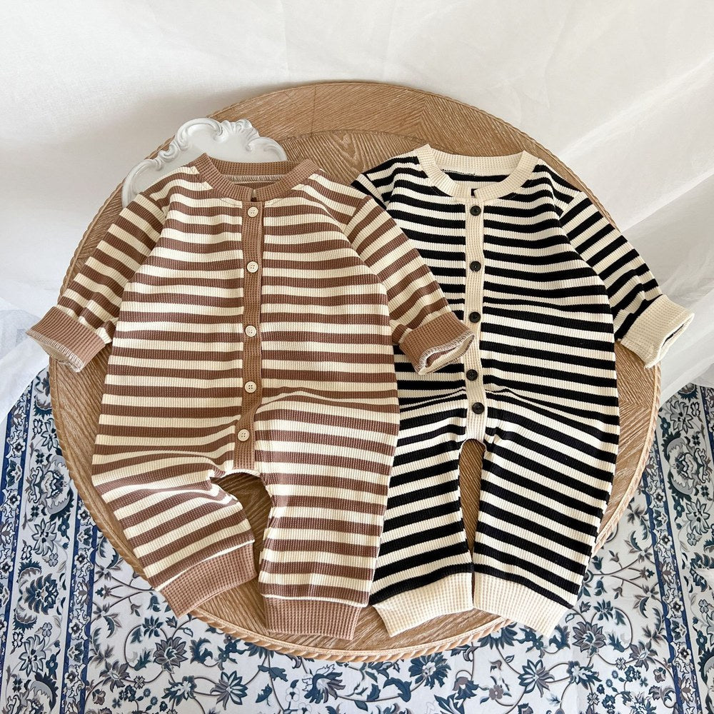 Baby Striped Pattern Single Breasted Design Knit Jumpsuit