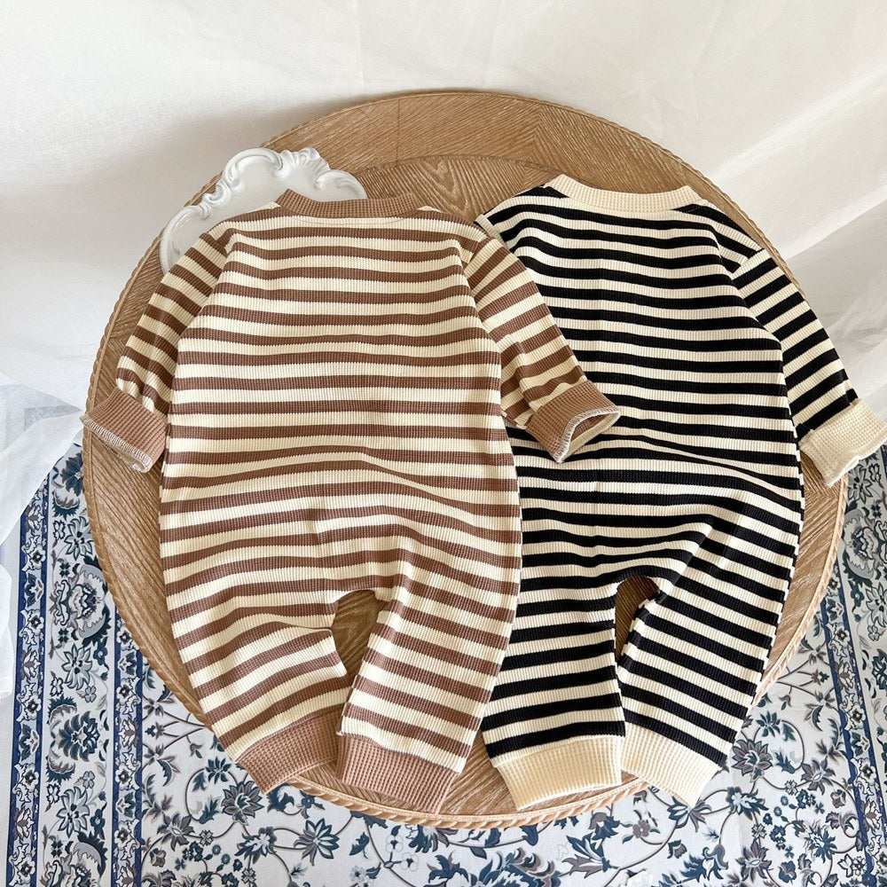 Baby Striped Pattern Single Breasted Design Knit Jumpsuit