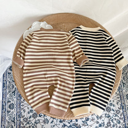 Baby Striped Pattern Single Breasted Design Knit Jumpsuit