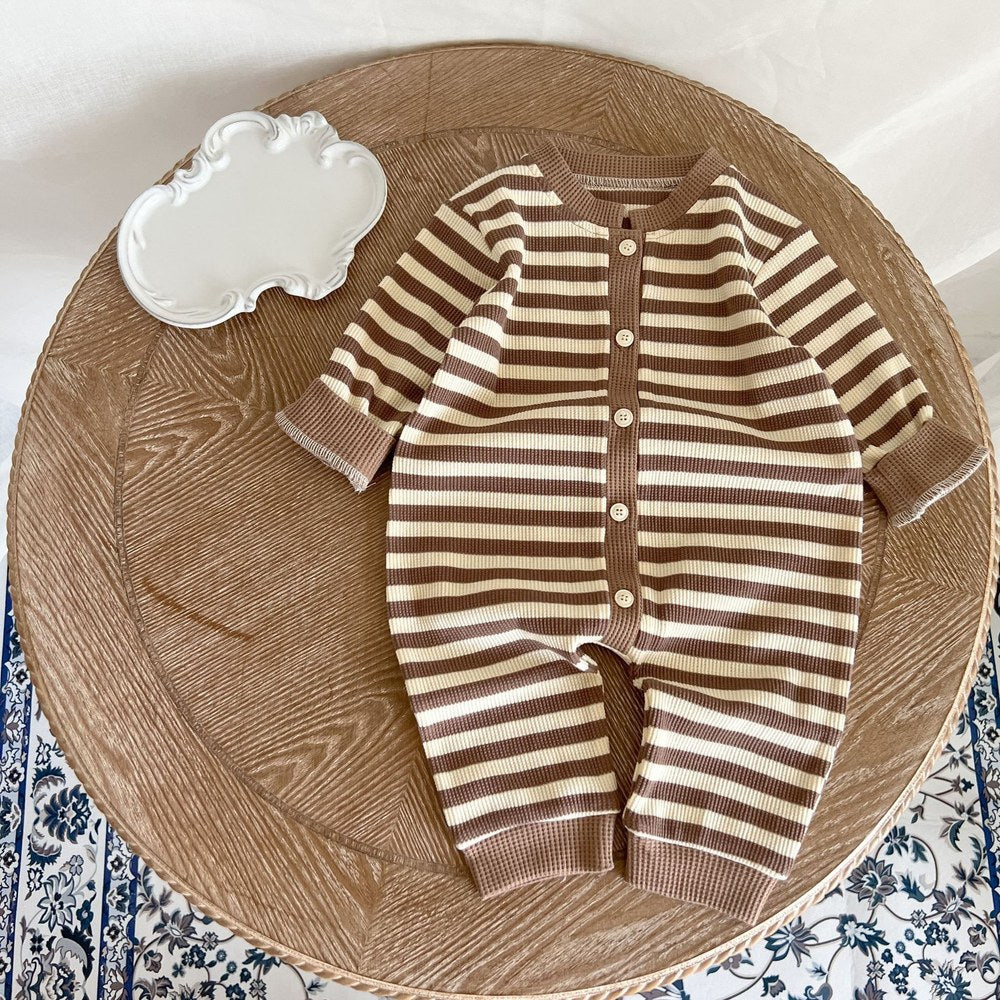 Baby Striped Pattern Single Breasted Design Knit Jumpsuit