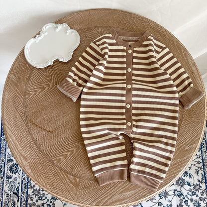 Baby Striped Pattern Single Breasted Design Knit Jumpsuit