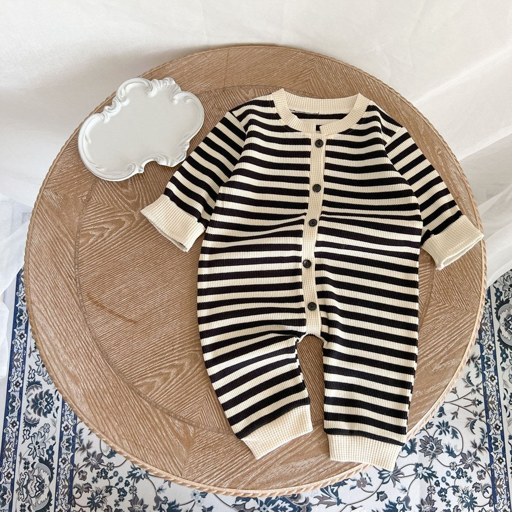 Baby Striped Pattern Single Breasted Design Knit Jumpsuit