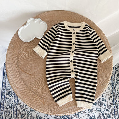 Baby Striped Pattern Single Breasted Design Knit Jumpsuit