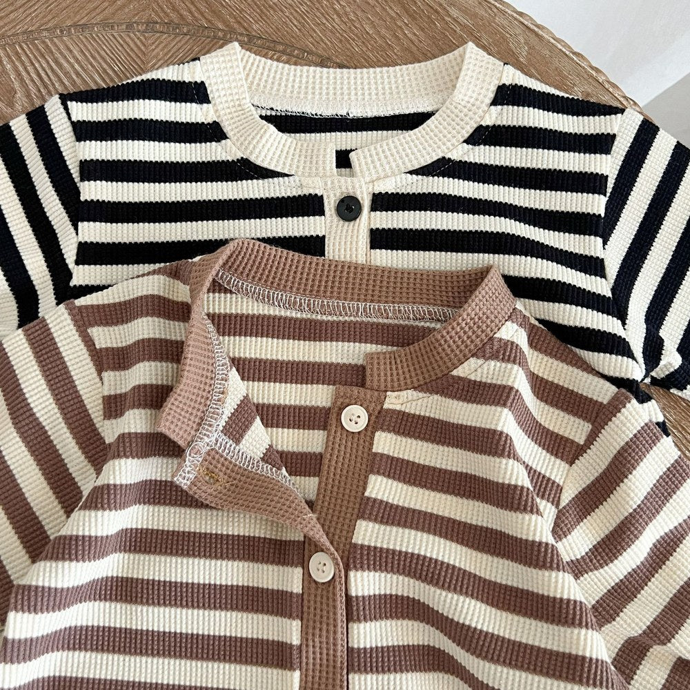 Baby Striped Pattern Single Breasted Design Knit Jumpsuit
