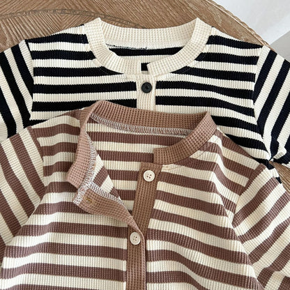 Baby Striped Pattern Single Breasted Design Knit Jumpsuit