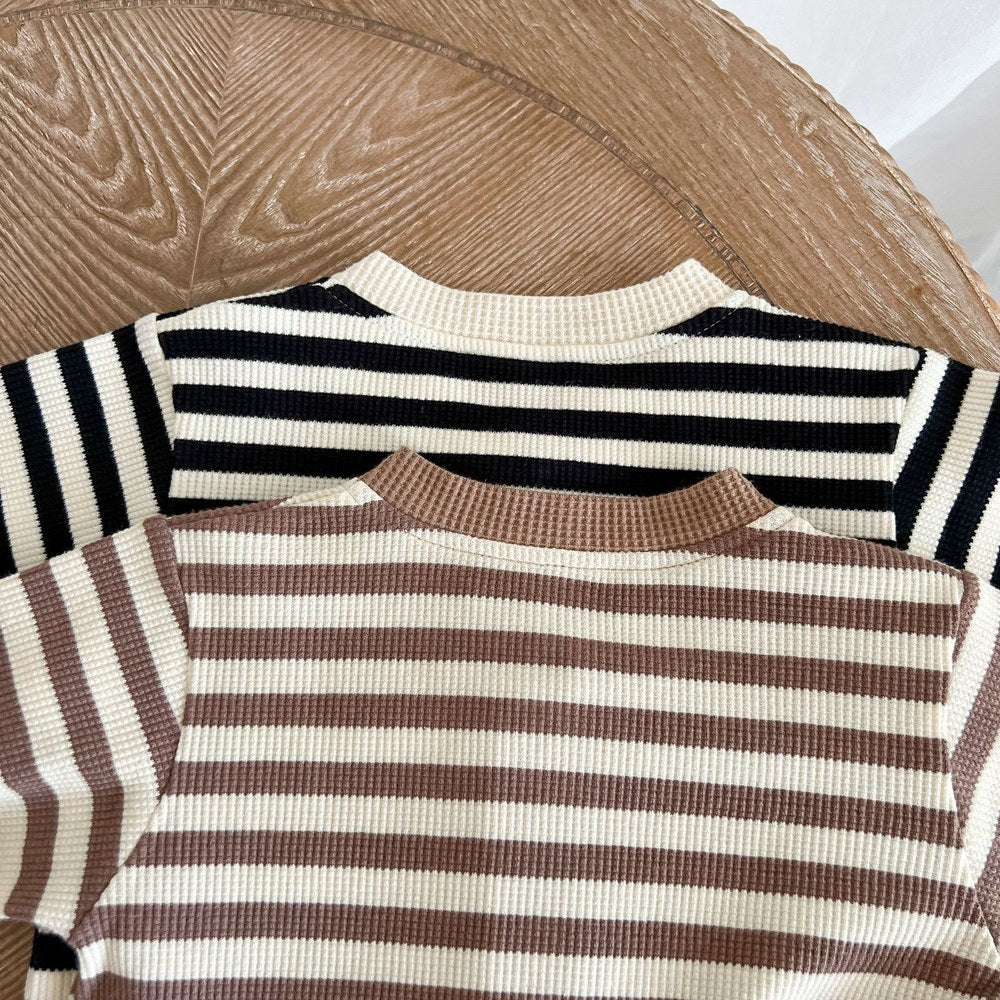 Baby Striped Pattern Single Breasted Design Knit Jumpsuit
