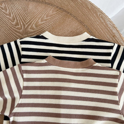 Baby Striped Pattern Single Breasted Design Knit Jumpsuit