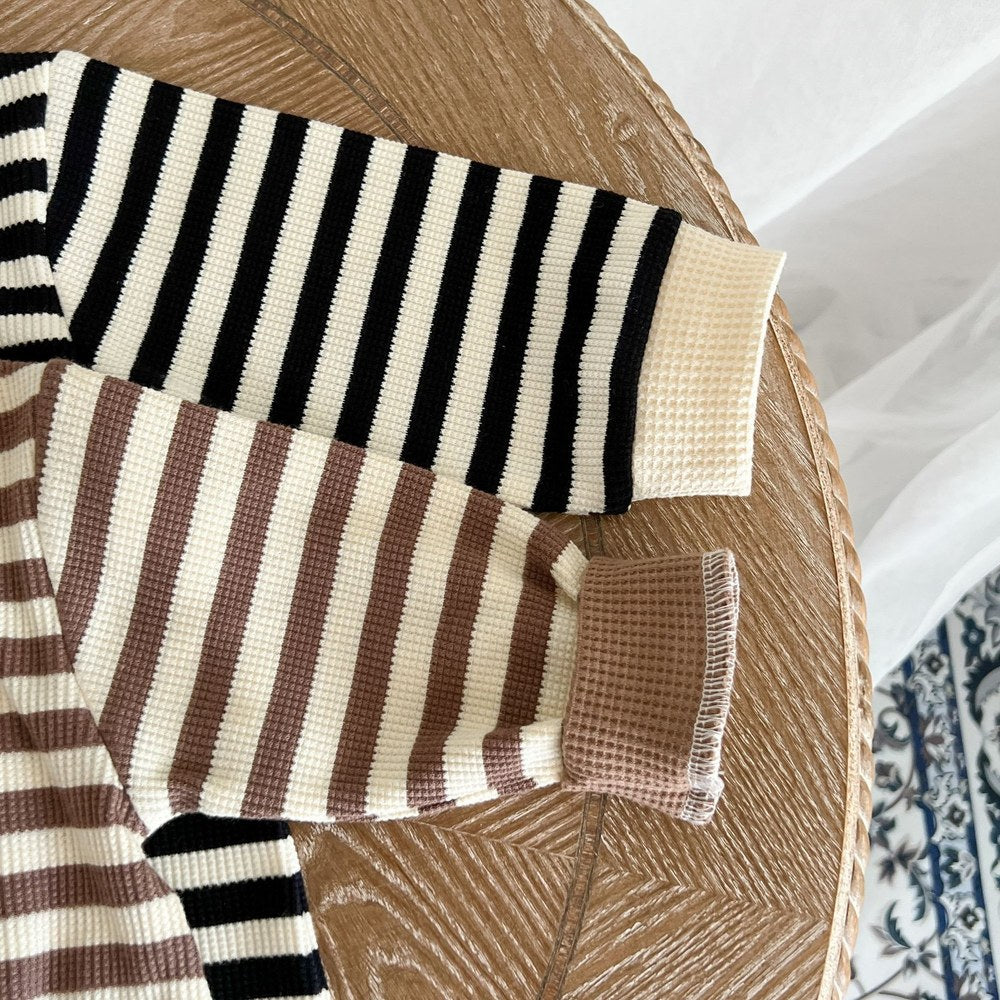 Baby Striped Pattern Single Breasted Design Knit Jumpsuit