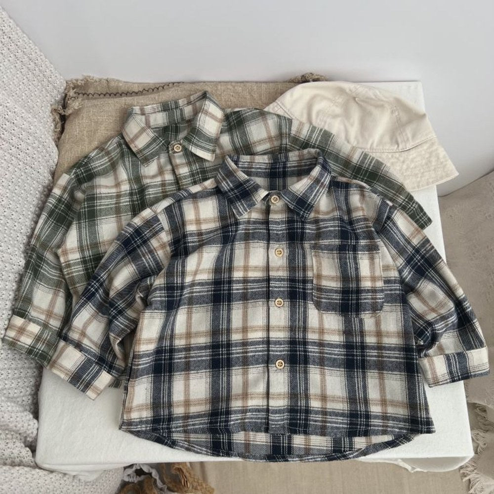 Baby Plaid Pattern Single Breasted Design Polo Neck Shirt