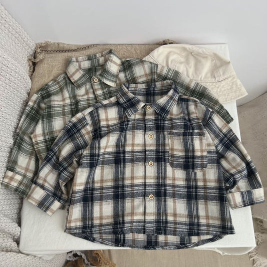 Baby Plaid Pattern Single Breasted Design Polo Neck Shirt