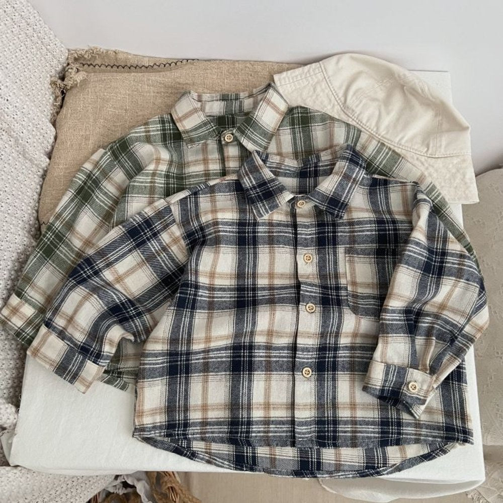 Baby Plaid Pattern Single Breasted Design Polo Neck Shirt