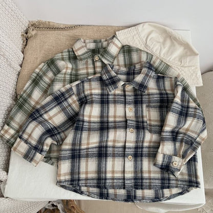 Baby Plaid Pattern Single Breasted Design Polo Neck Shirt