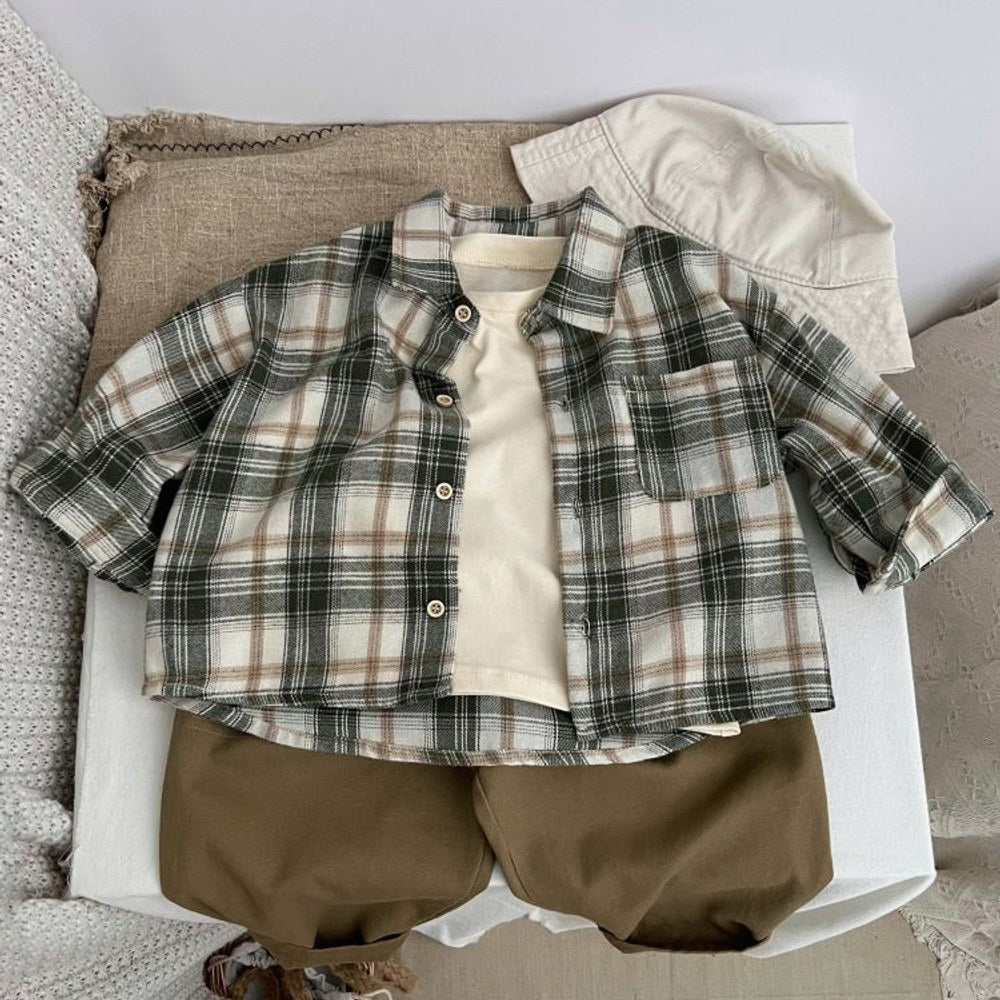 Baby Plaid Pattern Single Breasted Design Polo Neck Shirt