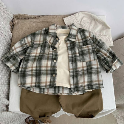 Baby Plaid Pattern Single Breasted Design Polo Neck Shirt