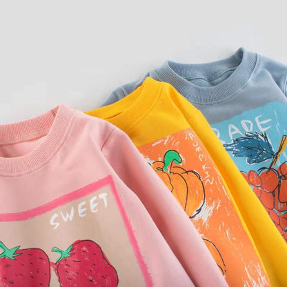 Girls Basic Fruit Print Round Collar Long Sleeve Casual Sweatshirt