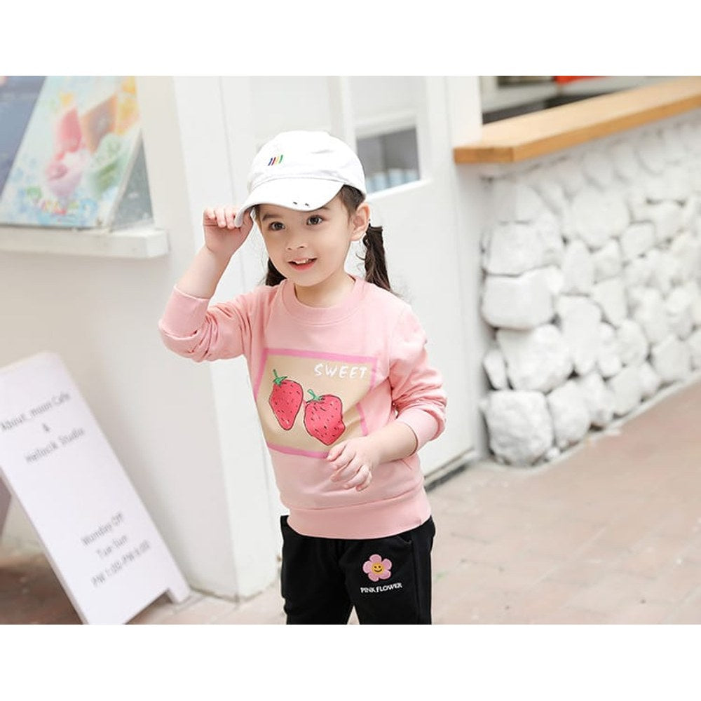 Girls Basic Fruit Print Round Collar Long Sleeve Casual Sweatshirt