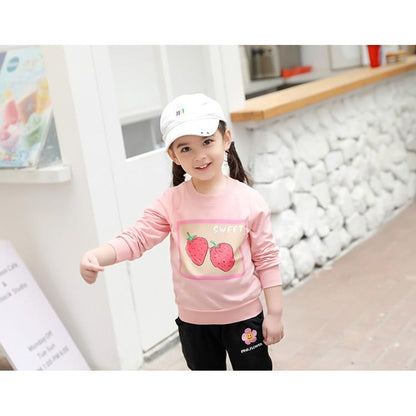 Girls Basic Fruit Print Round Collar Long Sleeve Casual Sweatshirt