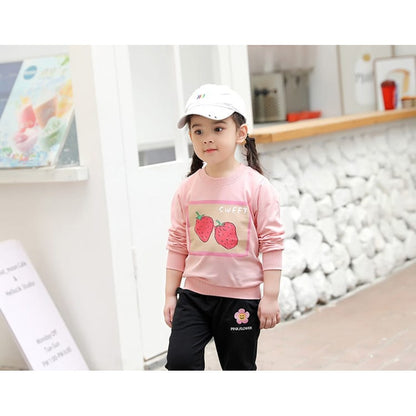 Girls Basic Fruit Print Round Collar Long Sleeve Casual Sweatshirt