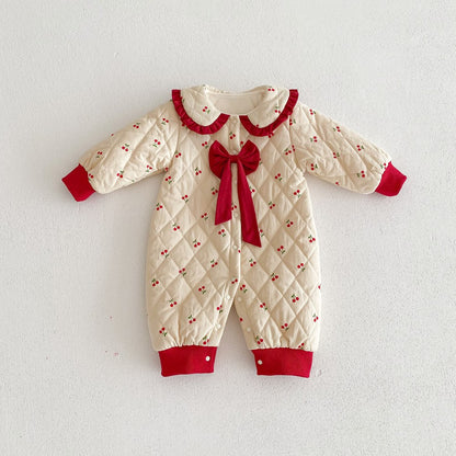 Newborn Baby Girls Cherry Pattern Long Sleeves Peter Pan Collar Cotton-Padded Romper