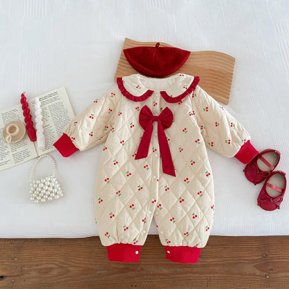 Newborn Baby Girls Cherry Pattern Long Sleeves Peter Pan Collar Cotton-Padded Romper
