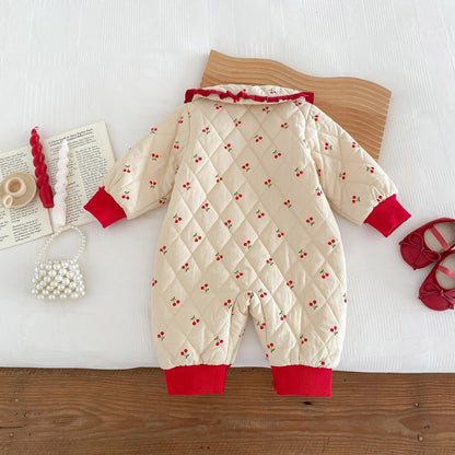 Newborn Baby Girls Cherry Pattern Long Sleeves Peter Pan Collar Cotton-Padded Romper
