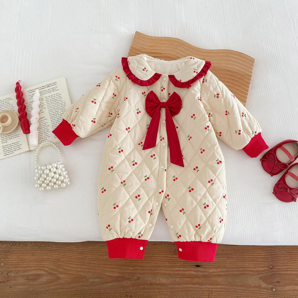 Newborn Baby Girls Cherry Pattern Long Sleeves Peter Pan Collar Cotton-Padded Romper