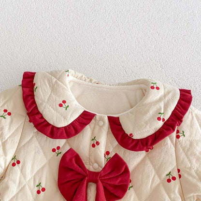 Newborn Baby Girls Cherry Pattern Long Sleeves Peter Pan Collar Cotton-Padded Romper