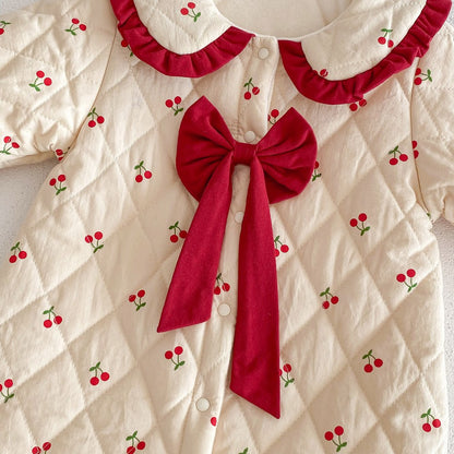Newborn Baby Girls Cherry Pattern Long Sleeves Peter Pan Collar Cotton-Padded Romper