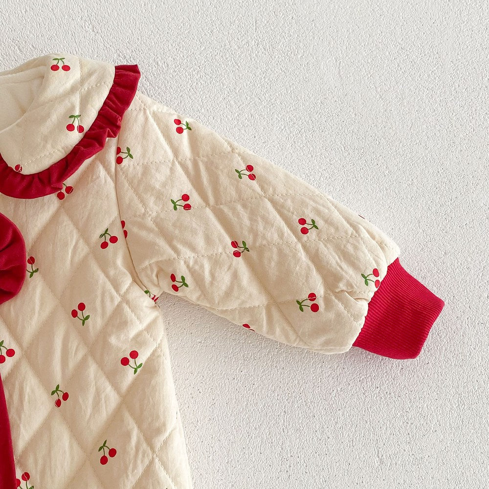 Newborn Baby Girls Cherry Pattern Long Sleeves Peter Pan Collar Cotton-Padded Romper
