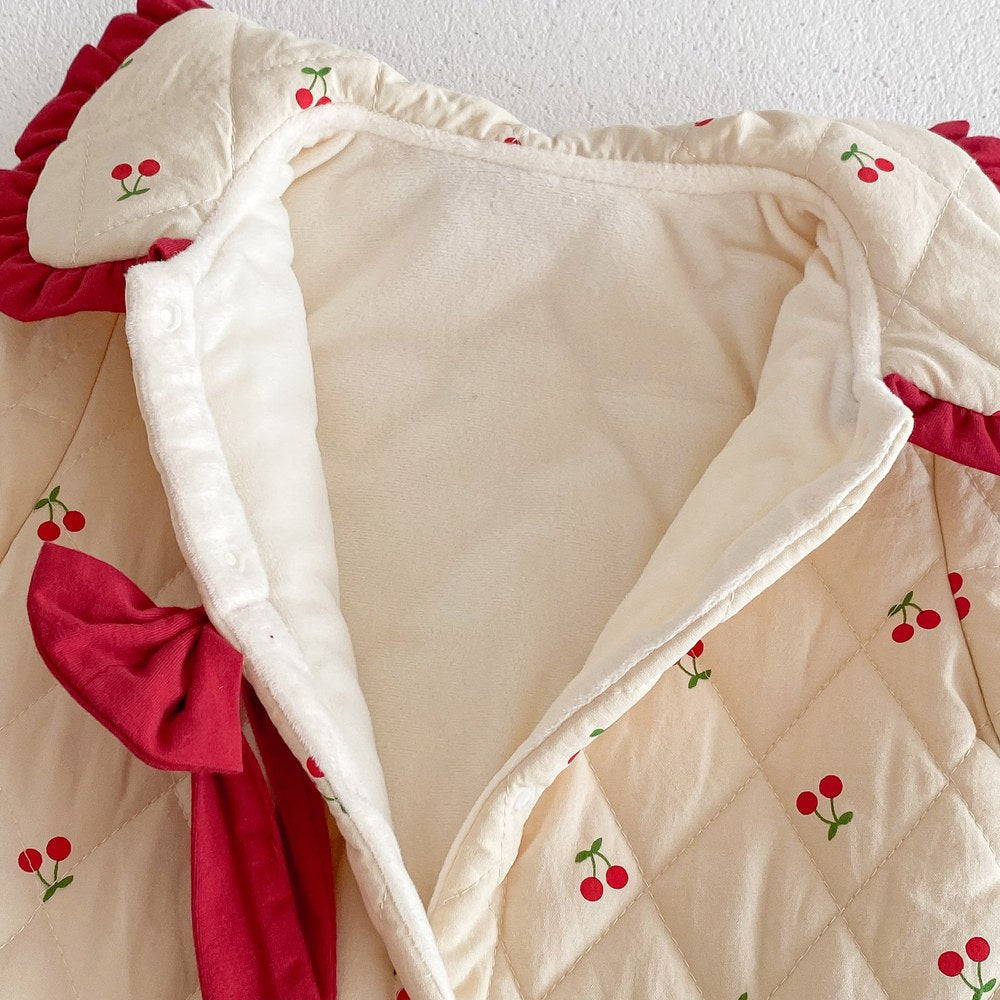 Newborn Baby Girls Cherry Pattern Long Sleeves Peter Pan Collar Cotton-Padded Romper