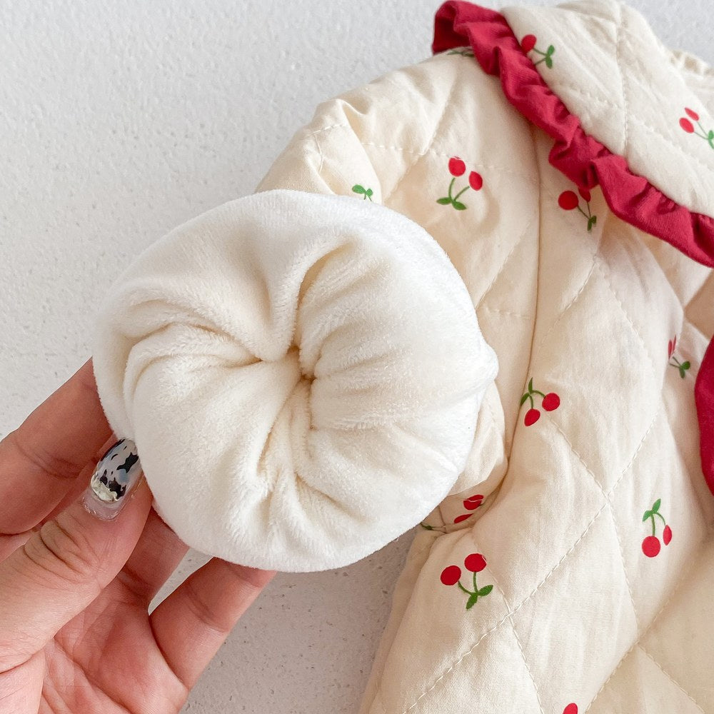 Newborn Baby Girls Cherry Pattern Long Sleeves Peter Pan Collar Cotton-Padded Romper