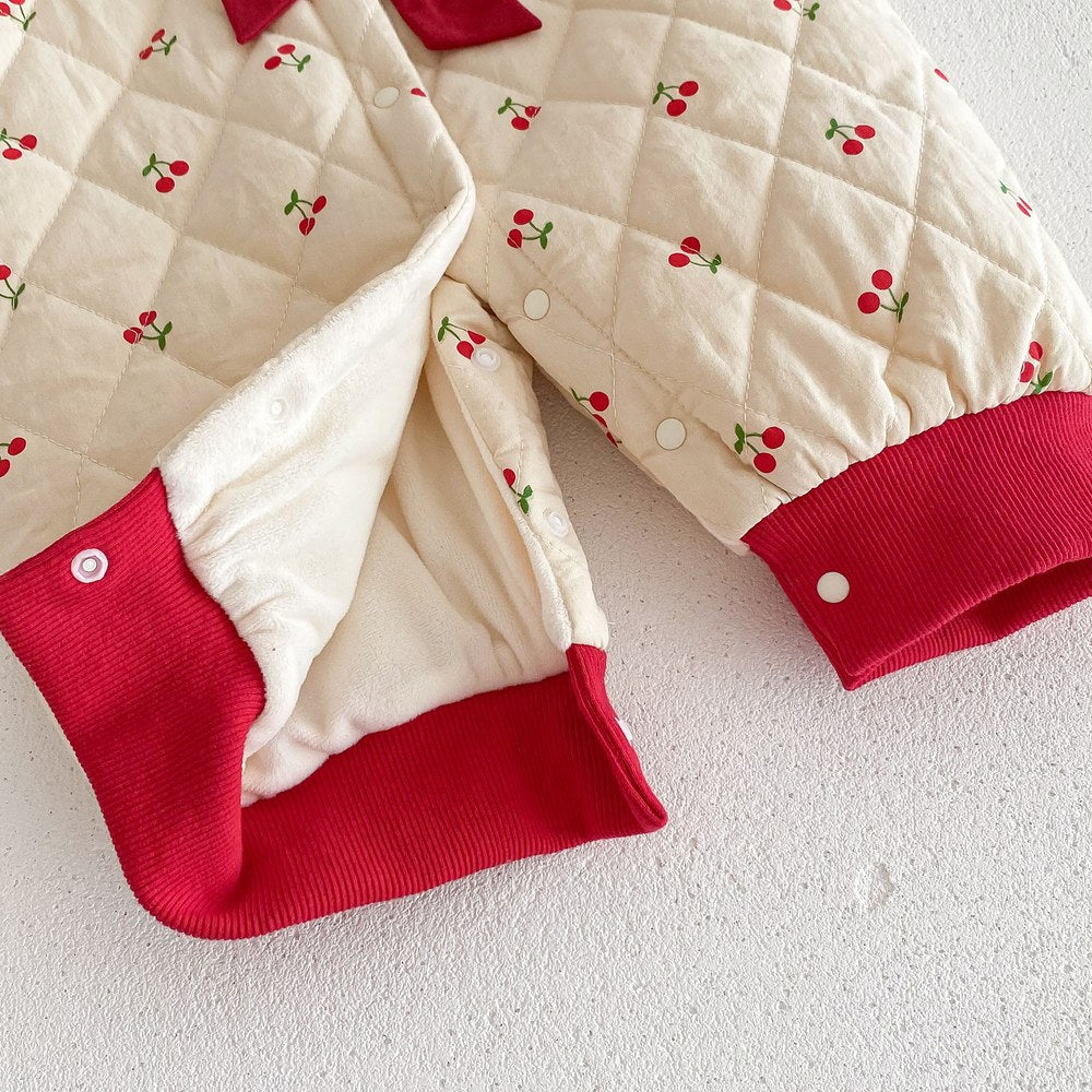 Newborn Baby Girls Cherry Pattern Long Sleeves Peter Pan Collar Cotton-Padded Romper