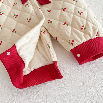 Newborn Baby Girls Cherry Pattern Long Sleeves Peter Pan Collar Cotton-Padded Romper