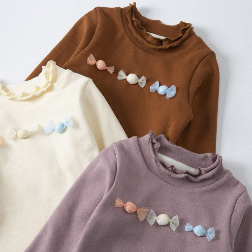Girls Ruffle Crew Neck 3D Suger Embroidery Long Sleeves Top Pullover