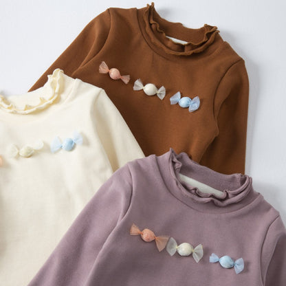 Girls Ruffle Crew Neck 3D Suger Embroidery Long Sleeves Top Pullover