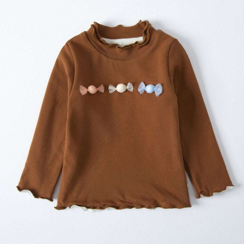 Girls Ruffle Crew Neck 3D Suger Embroidery Long Sleeves Top Pullover