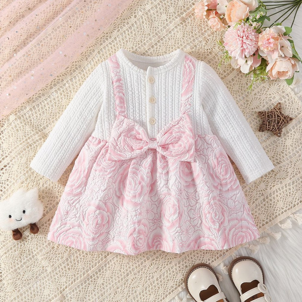 Baby Girl Floral Knitted Patchwork Pink Bow Princess Dress