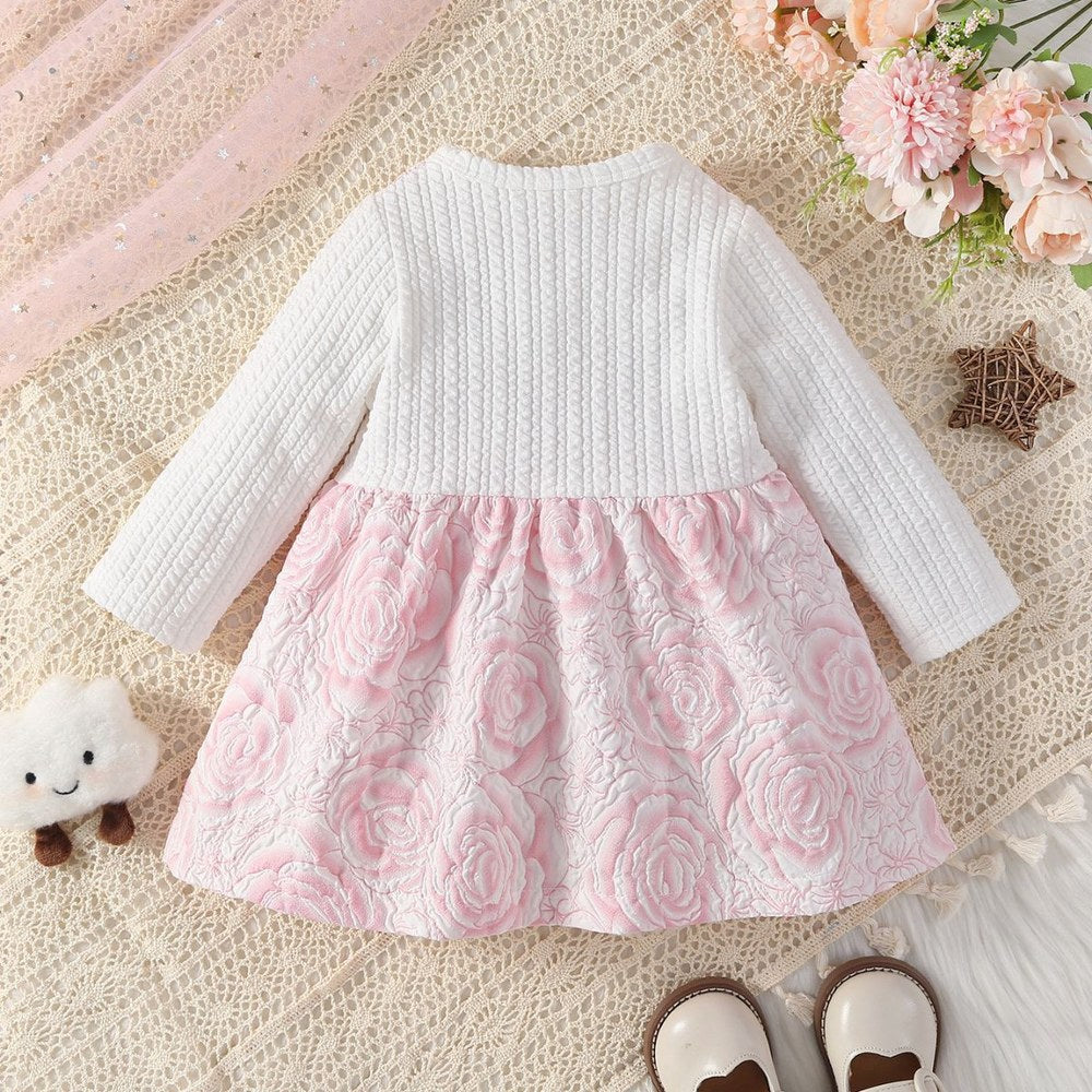 Baby Girl Floral Knitted Patchwork Pink Bow Princess Dress