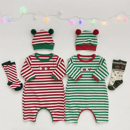 Baby Christmas Striped Romper with Hat and Bib 3-Piece Sets
