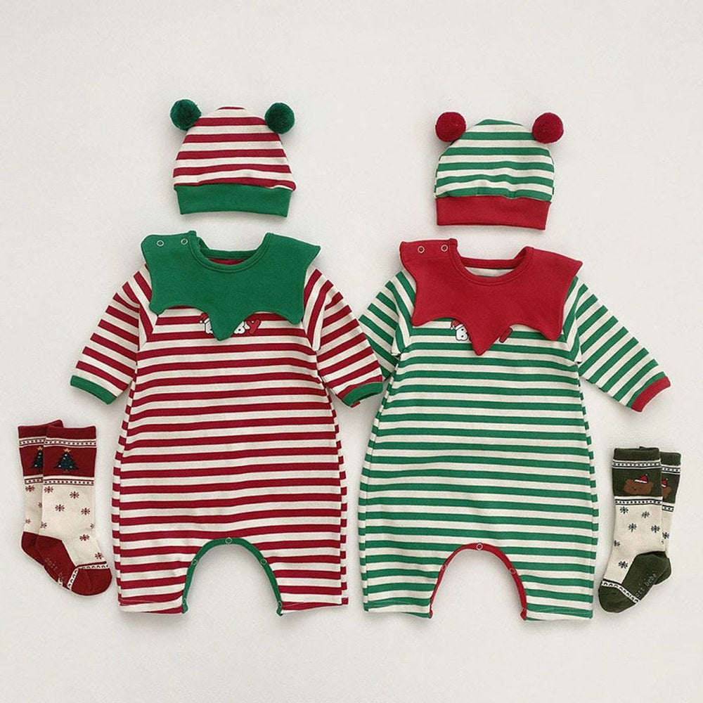 Baby Christmas Striped Romper with Hat and Bib 3-Piece Sets